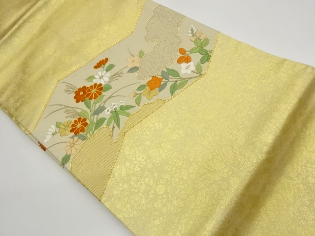 Nagoya obi with embroidered folding screen and cloud and flower design